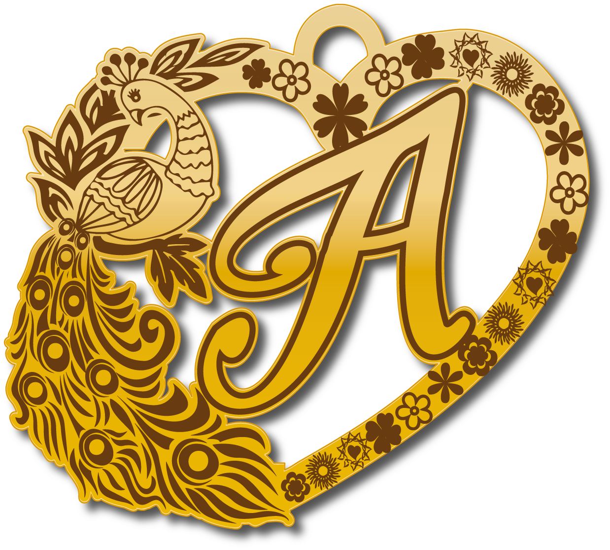 حرف A قلب ، طاؤؤس · تصميم خط عربي ومجوهرات ليزر · مسار مغلق للفايبر ليزر · Gold Name - اسمك ذهب