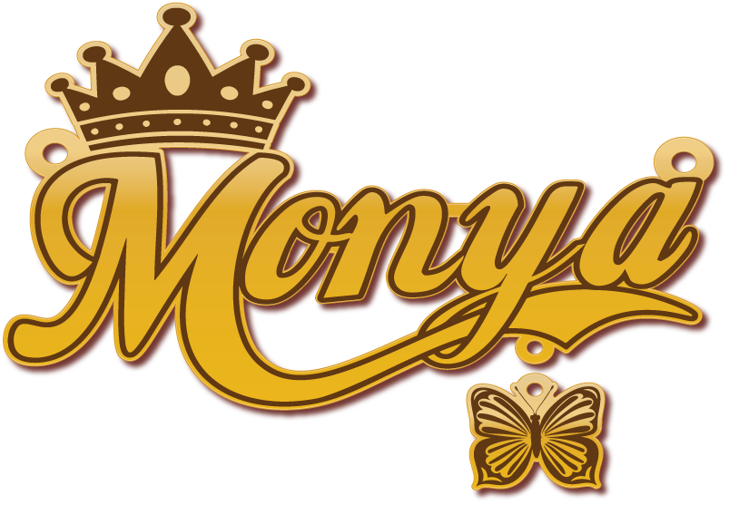 Monya مع تاج وفراشه · تصميم خط عربي ومجوهرات ليزر · مسار مغلق للفايبر ليزر · Gold Name - اسمك ذهب