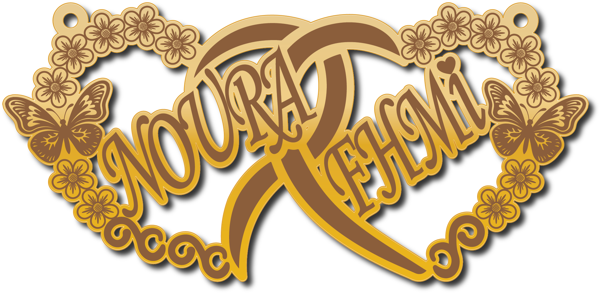 Noura Fhmi في قلبين جوانبها فراشات وزهور · Arabic Calligraphy Laser Jewelry CAD · Closed Vector Path for Fiber Laser · Gold Name