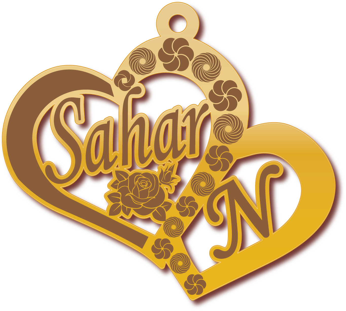 Sahar مع حرف N · تصميم خط عربي ومجوهرات ليزر · مسار مغلق للفايبر ليزر · Gold Name - اسمك ذهب