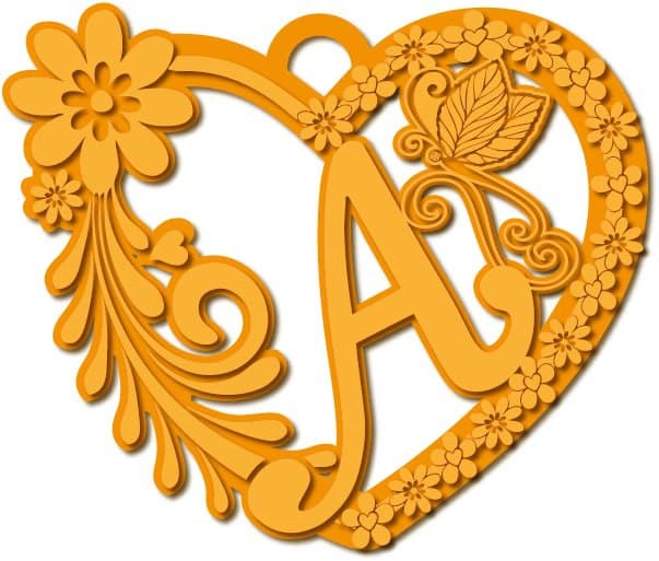 حرف A في قلب مزخرف زهور · تصميم خط عربي ومجوهرات ليزر · مسار مغلق للفايبر ليزر · Gold Name - اسمك ذهب